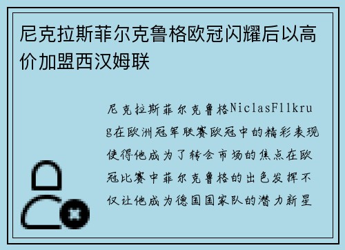 尼克拉斯菲尔克鲁格欧冠闪耀后以高价加盟西汉姆联 尼克拉斯菲尔克鲁格欧冠闪耀后以高价加盟西汉姆联